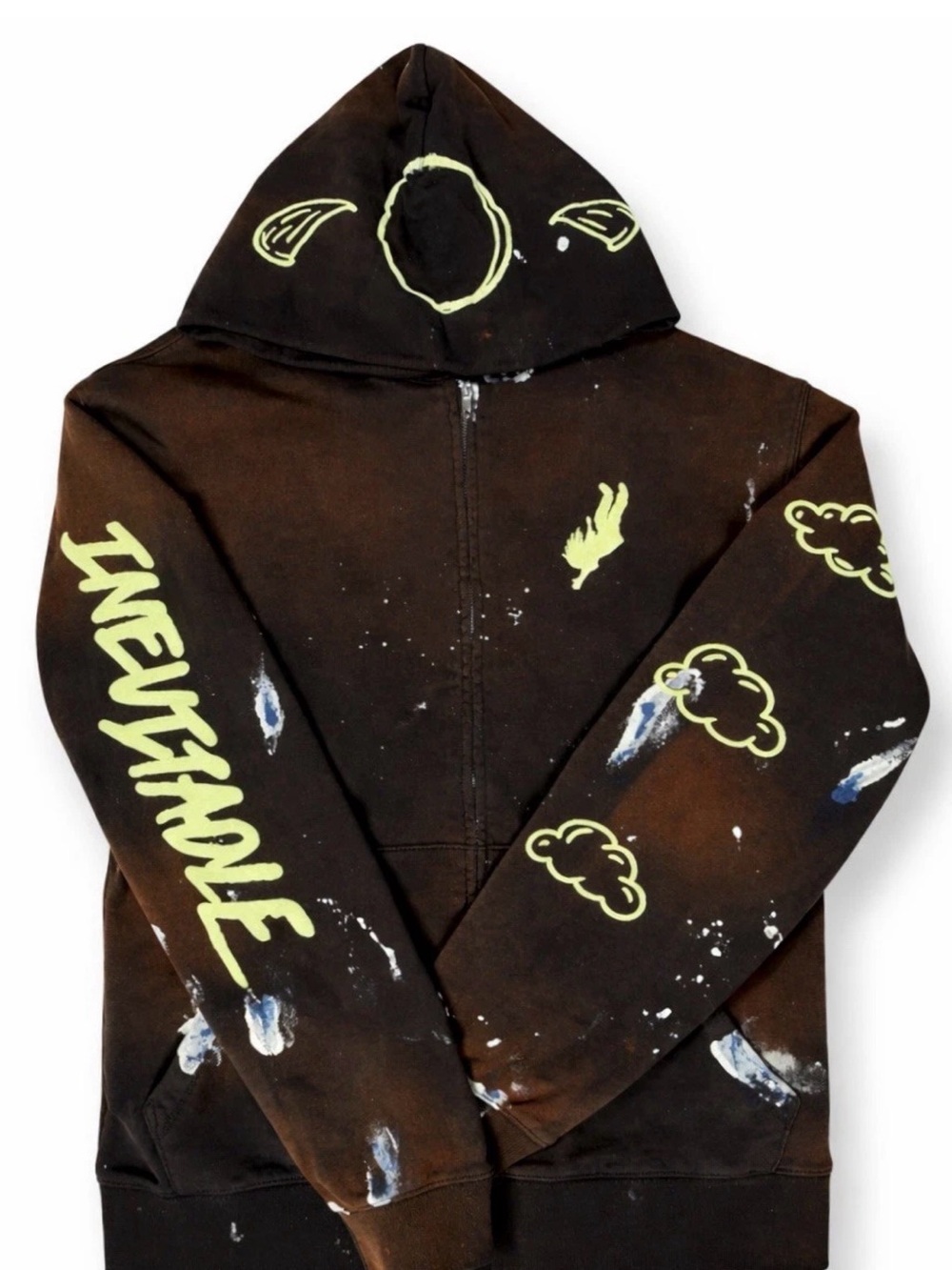Men's Brown Zip-Up Hoodie with Neon Yellow Graphic Accents